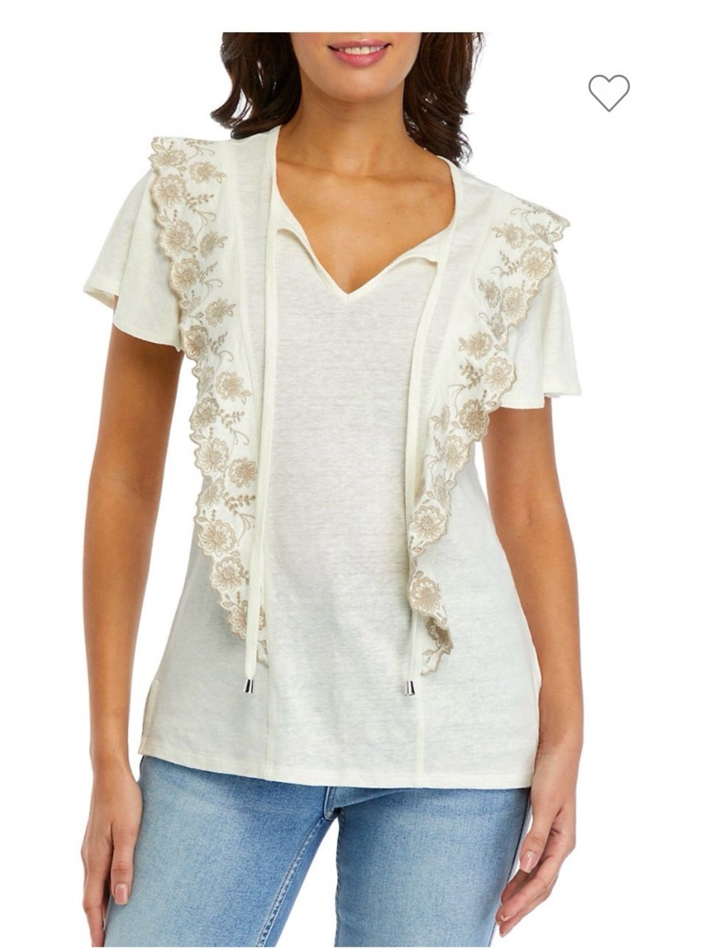 Cupio Women’s Short Sleeve Embroidered Ruffle Knit Top in Whisper White
